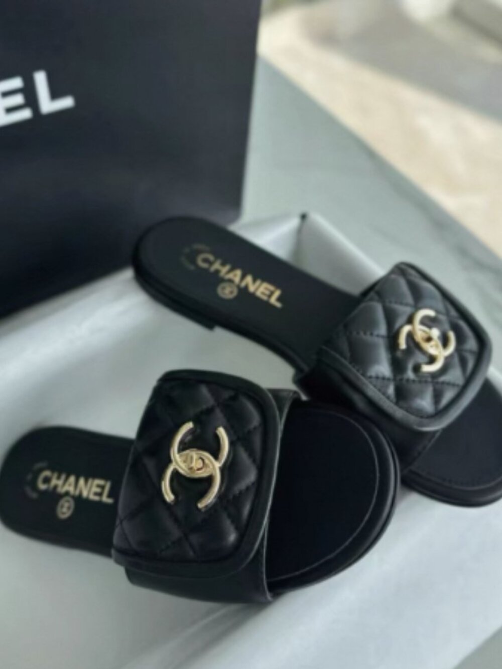 Chanel Black Quilted Leather CC Turnlock Slide Sandals